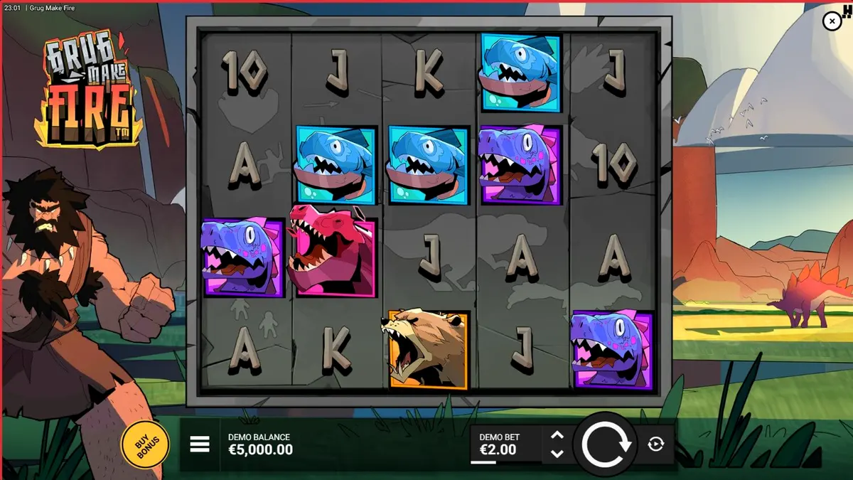 Grug Make Fire slot game screen showing burning reels and multipliers